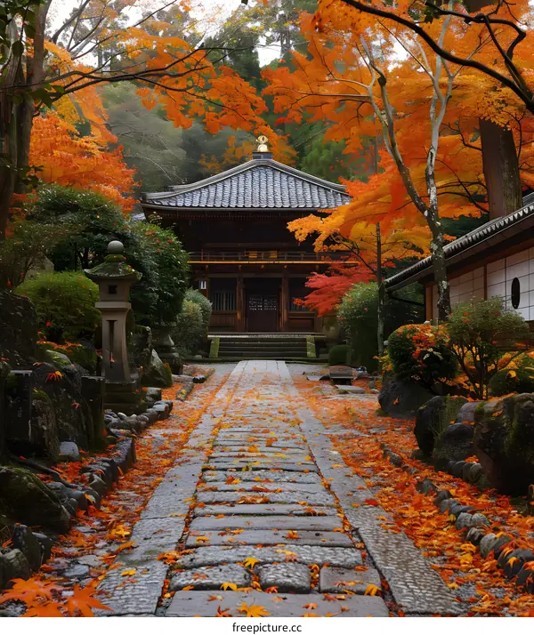 Pathway to a Japanese temple in autumn