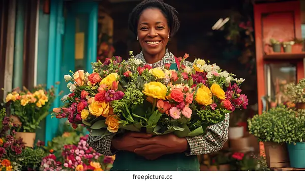Smiling African American Woman Holding a Colorful Flower Bouquet in a Flower Shop