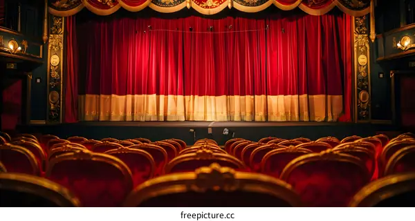 Red Stage Curtains and Empty Seats in Theater