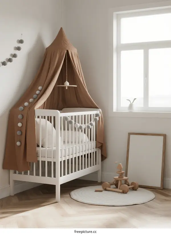 Modern White Crib with Brown Canopy in Bright Nursery Room