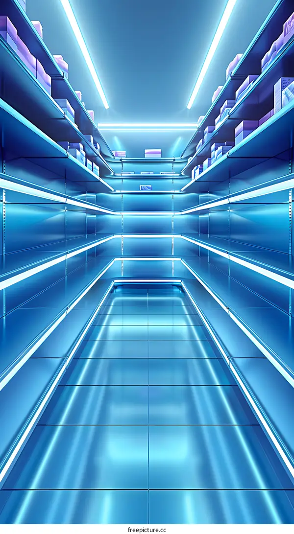 Empty Blue Neon Supermarket Aisle