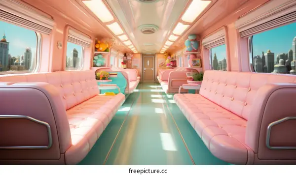 A pink and blue pastel colored train interior with large windows