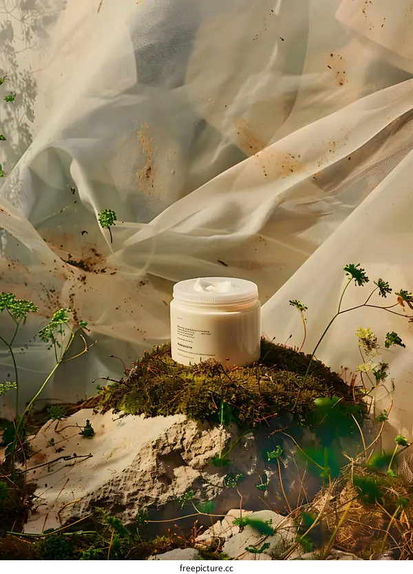 Natural Body Cream on Rock with Green Plants