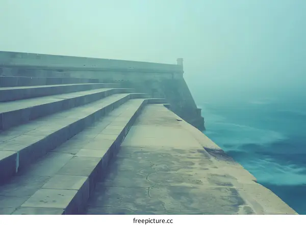 Stone Steps Leading to the Ocean on a Foggy Day