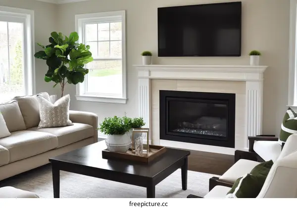 Cozy Living Room with Fireplace and Plants