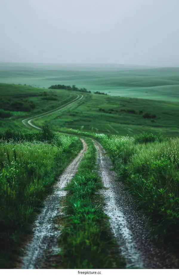 Curving Country Road Through Lush Green Grassy Field