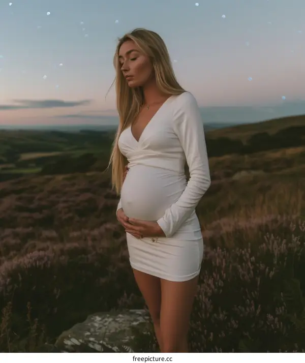 Pregnant woman standing in a field of heather at sunset