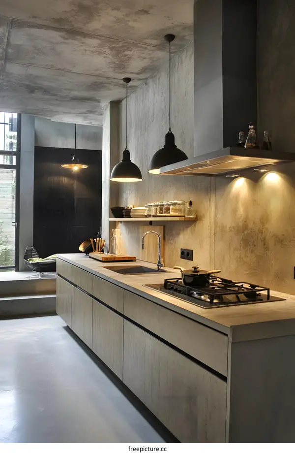 Modern Minimalist Concrete Kitchen Design with Industrial Pendant Lights