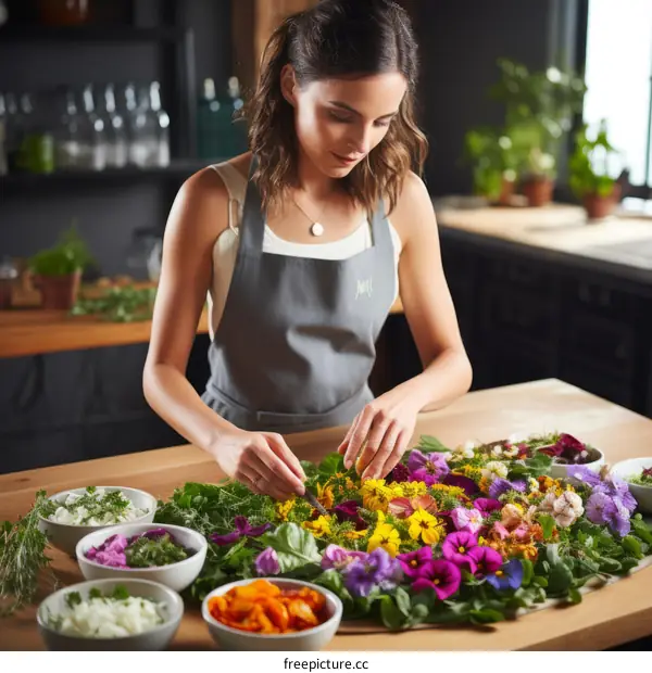 Caucasian woman arranging edible flowers on a wooden table