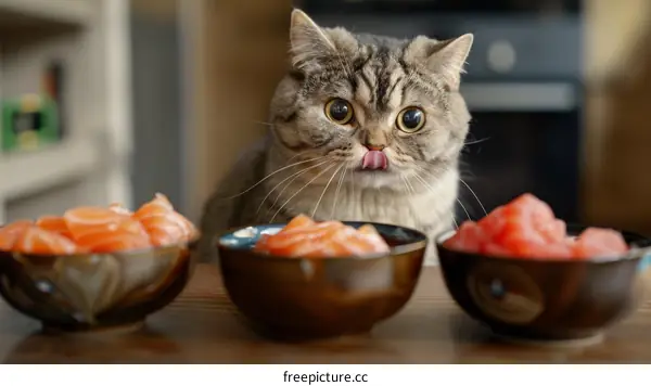 Hungry Cat Staring at Three Bowls of Salmon