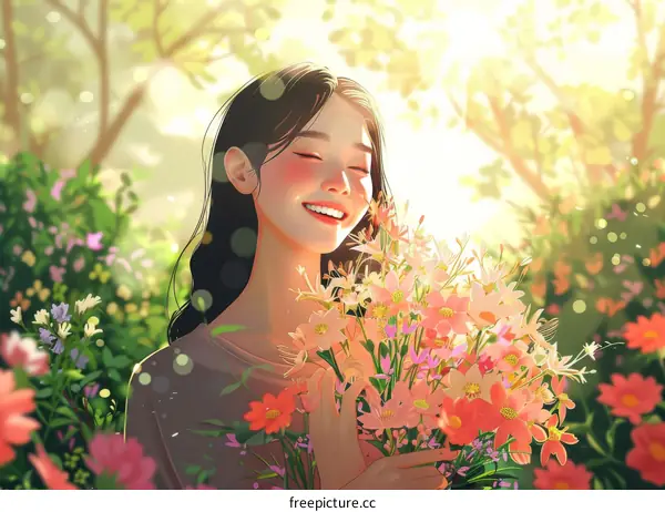 Woman with flowers and sunlight in a field