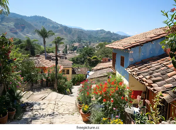A steep street in a small Latin American town