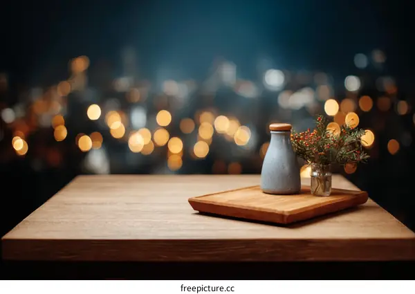 Elegant Wooden Table with Ceramic Vessels and Festive Arrangement