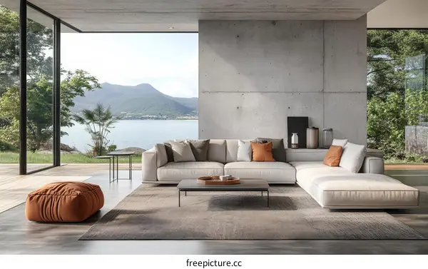 Modern Living Room with Lakeside View