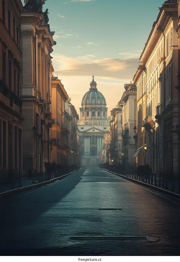 Empty Street Leading to a Historic Church in Rome