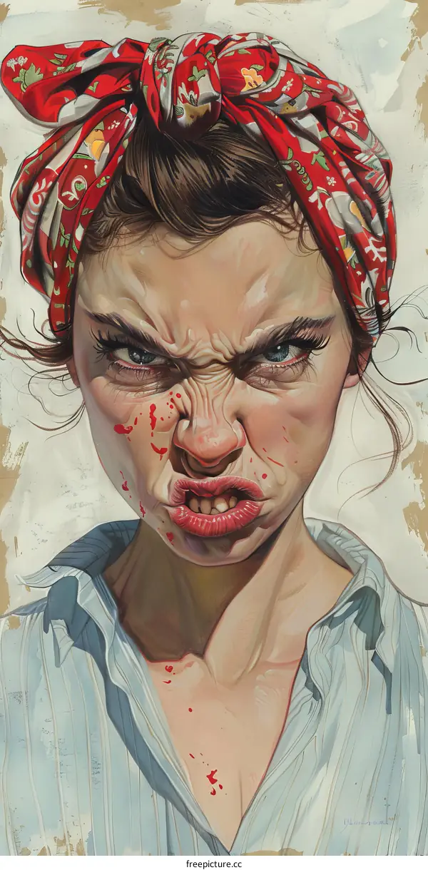A portrait of an angry woman with a red bandana