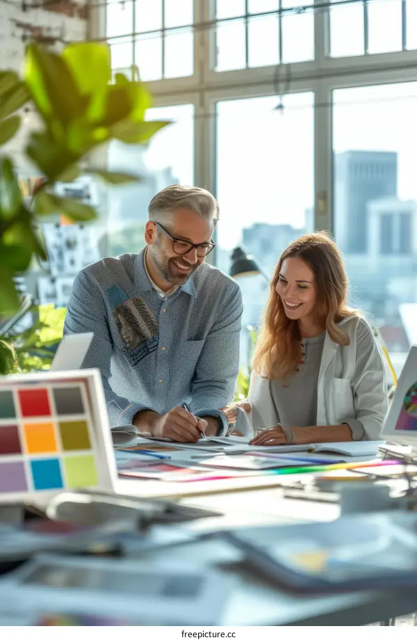 Two people in an office looking at a color swatch and smiling