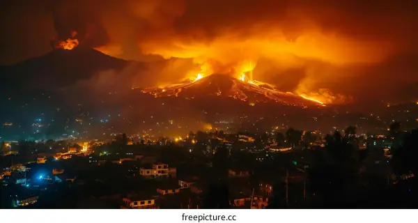 Volcano eruption at night with lava flowing down the mountainside