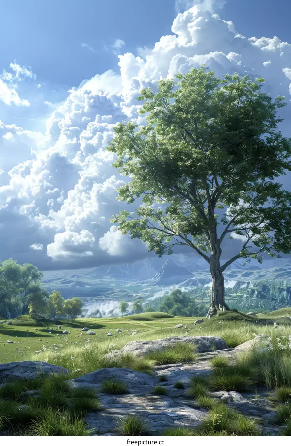 Summer landscape with a tree on a hill