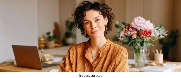 Smiling Woman Working at Home