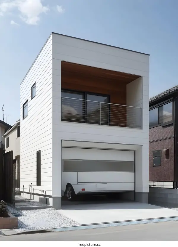 Modern White House with Garage Door and Balcony