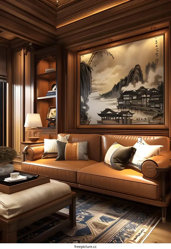 Living Room Interior Design With Leather Sofa and Oriental Painting
