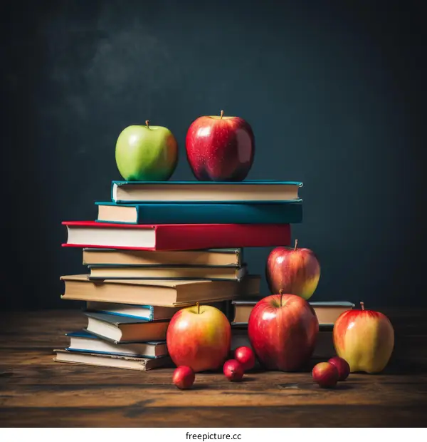 A stack of books with apples on top of them