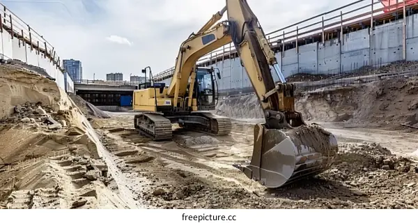 Large Yellow Excavator Digs Trench at Construction Site