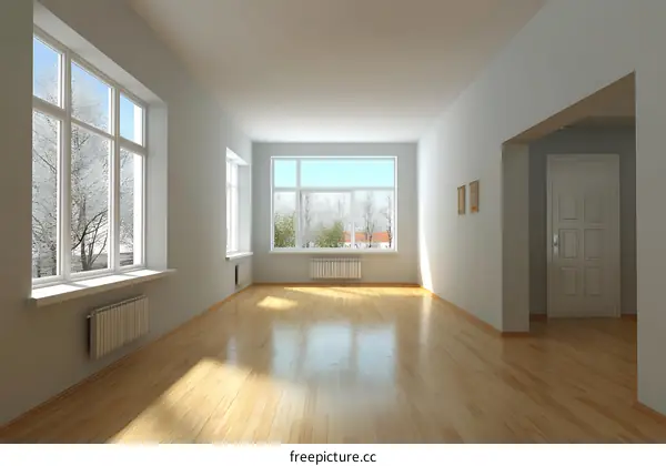 Empty Room with Sunlight and Winter Trees