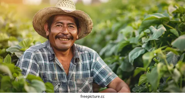 Smiling Latin American Farmer in a Lush Field