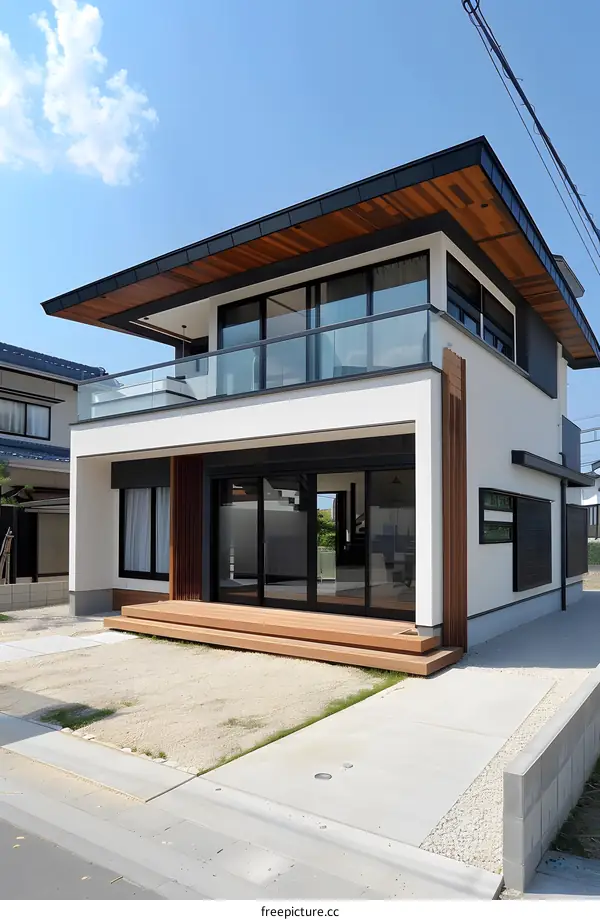 Modern Japanese House with Wooden Deck and Balcony