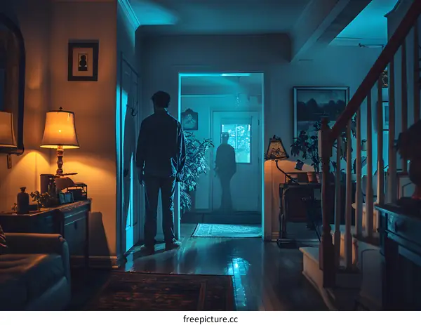 A man standing in a hallway, looking at a ghost