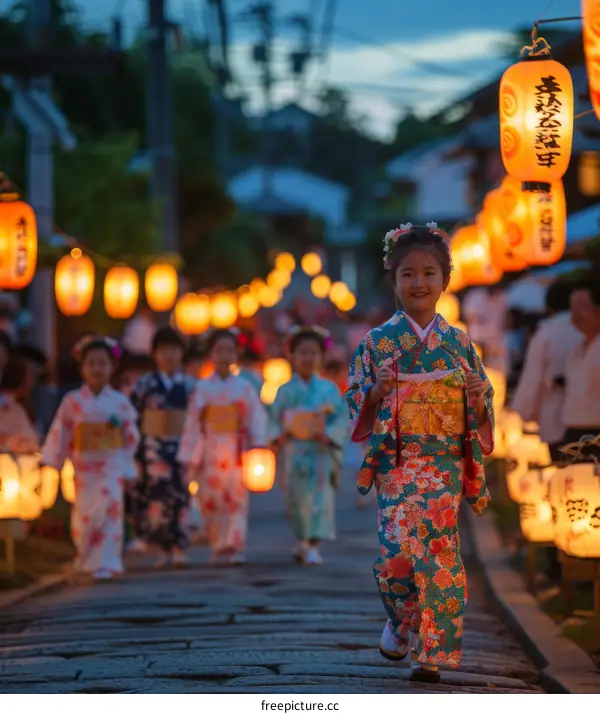 Little Girl in Traditional Japanese Kimono at the Lantern Festival in Kyoto, Japan