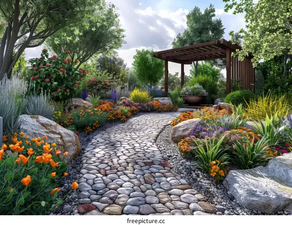 A beautiful garden with a winding stone path, vibrant flowers, and a charming pergola