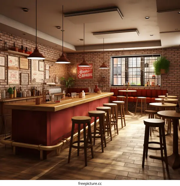 Retro bar interior with brick walls and wooden furniture