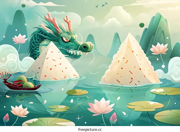 Dragon Boat Festival Illustration with Dragon and Rice Dumplings