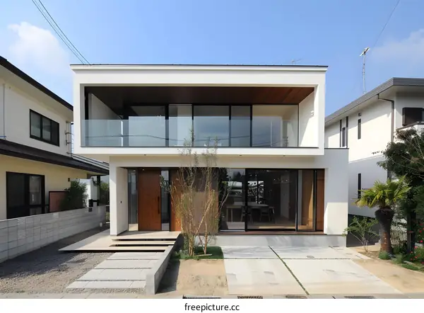 Modern White House with Glass Balcony and Wooden Door