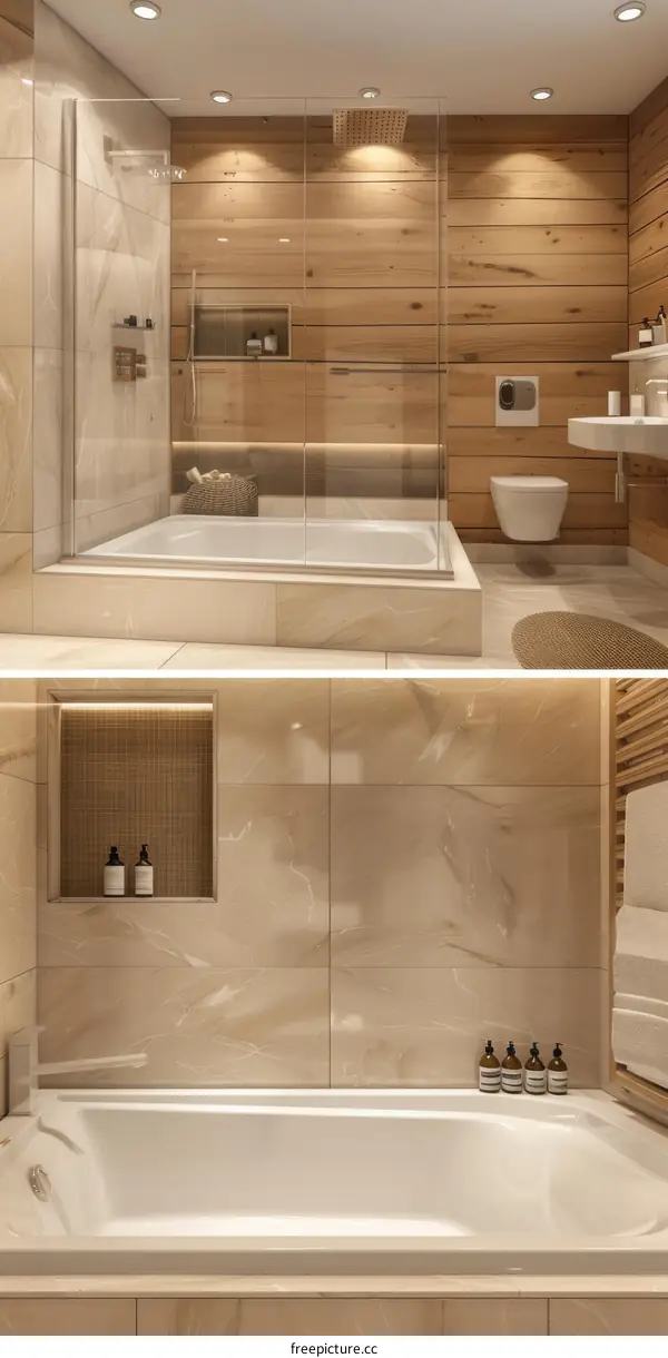 Spacious Modern Bathroom with Freestanding Bathtub and Overhead Shower