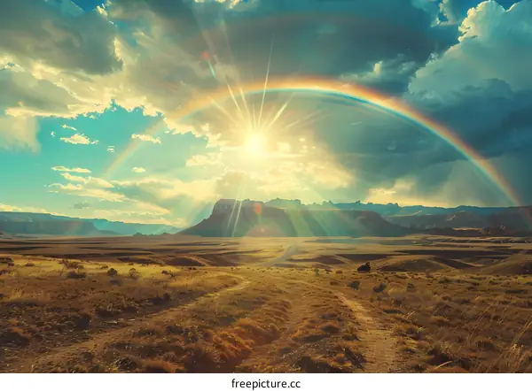 Rainbow Over Desert Landscape with Sunbeams