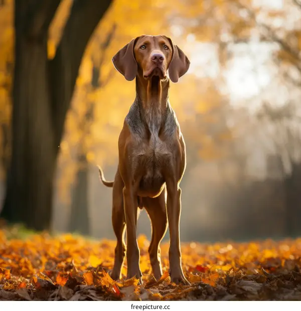 A Hungarian Vizsla dog standing in a field of fallen leaves
