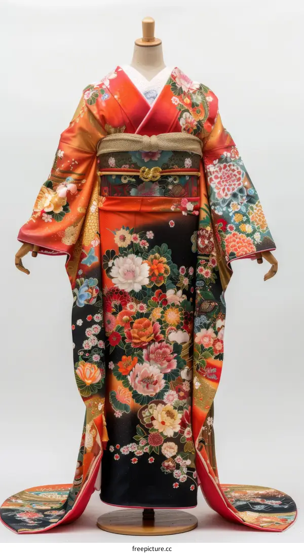 A woman wearing a traditional Japanese kimono with floral patterns