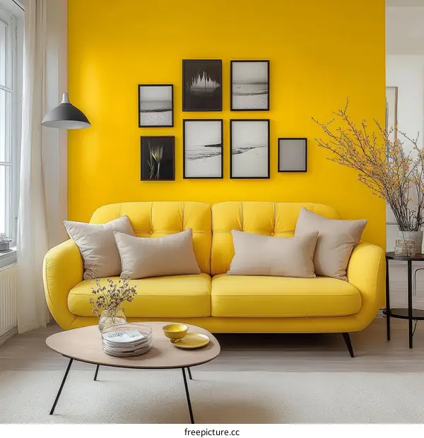 Yellow Living Room with Pictures and Sofa