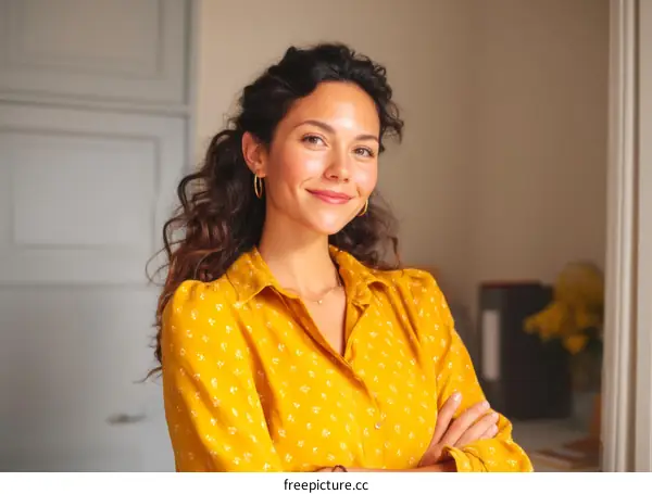 Confident Woman in a Mustard Yellow Blouse