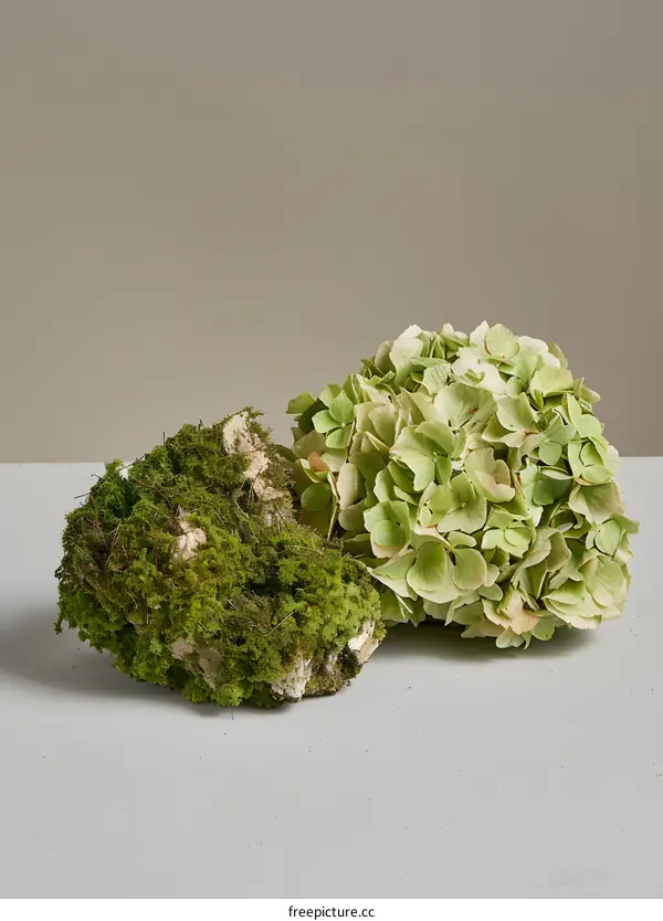 Green Moss and Dried Hydrangea Flowers