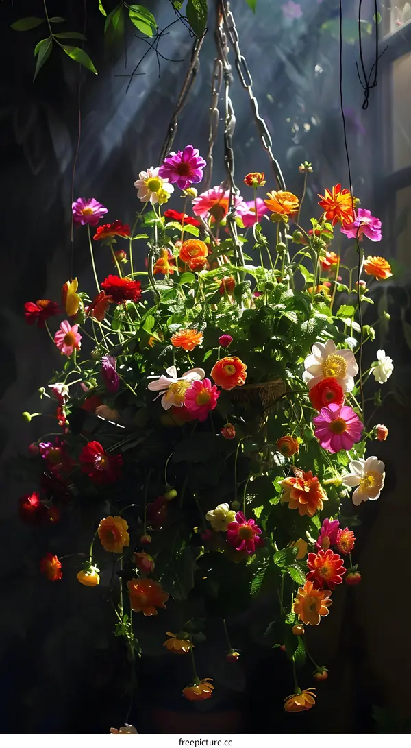 Hanging Basket of Flowers in Sunlight