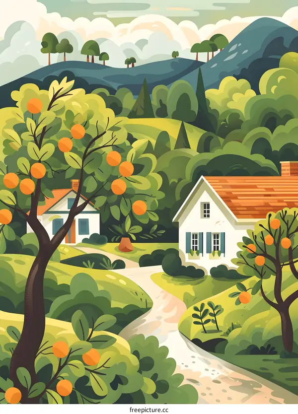 Summertime Idyll: Countryside Cottage with Orange Trees and Winding Path