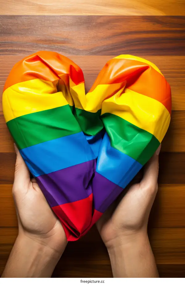 Hands holding a deflated LGBT rainbow heart
