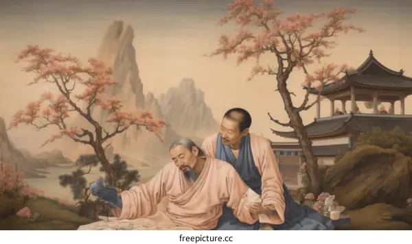 Two ancient Chinese scholars in traditional clothes are playing Go under a peach blossom tree