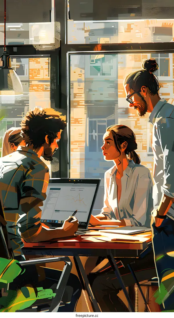 Colleagues discussing a project in an office