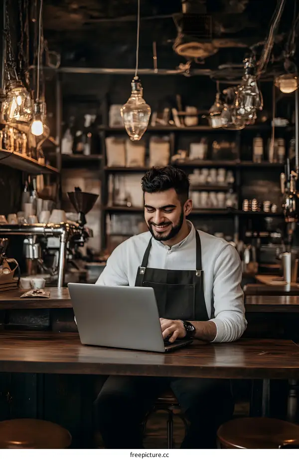 Smiling Man Wearing Apron Working On Laptop At Coffee Shop